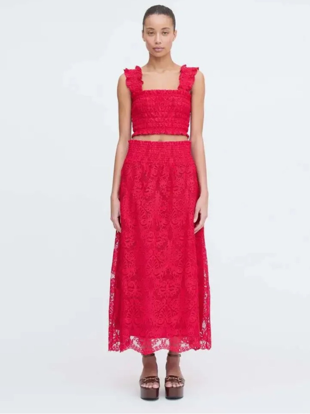 Hill House Red The Delphine Nap Skirt Red Cerise Lace | Size Small